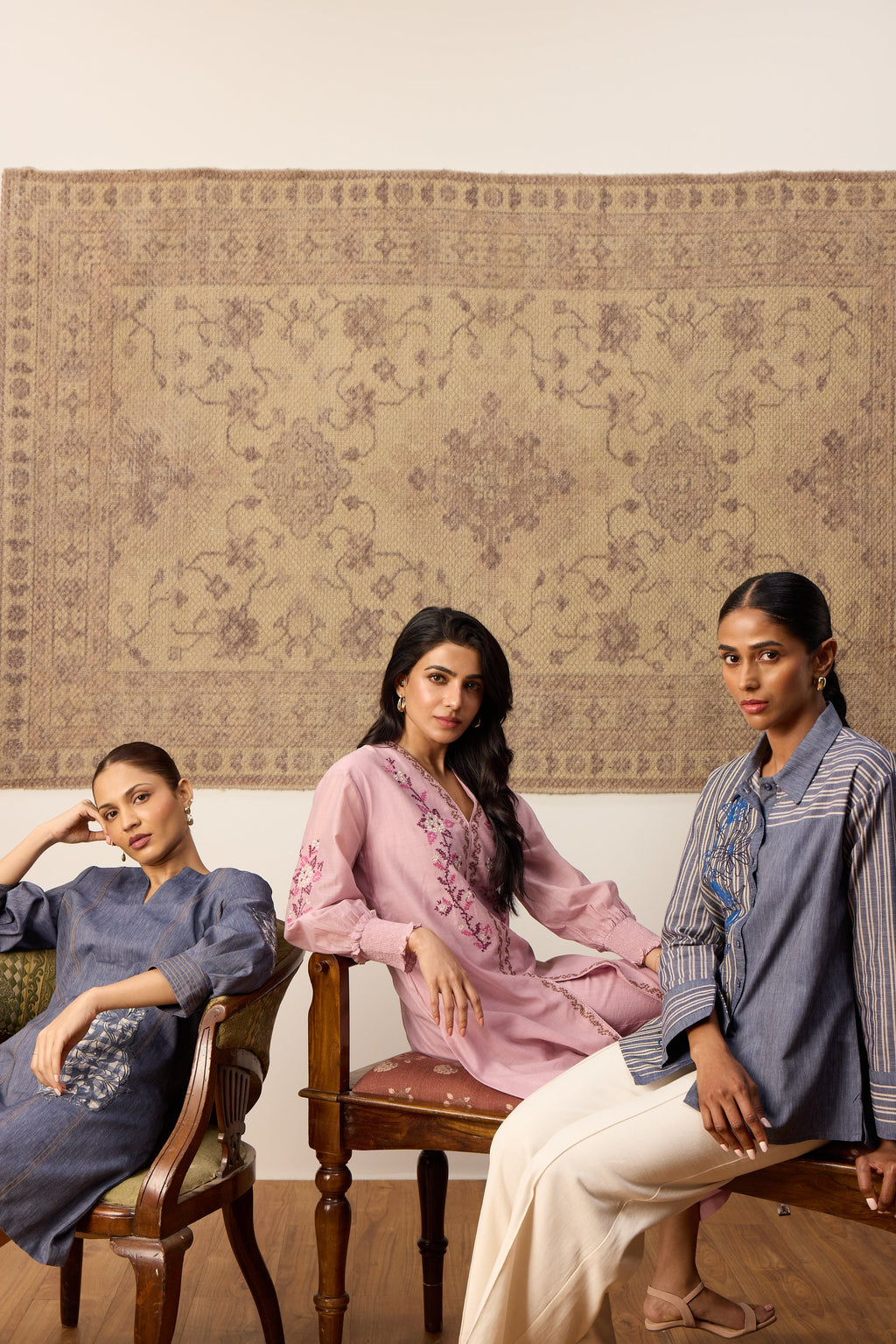 Denim Blue Striped Embroidered Cotton Shirt