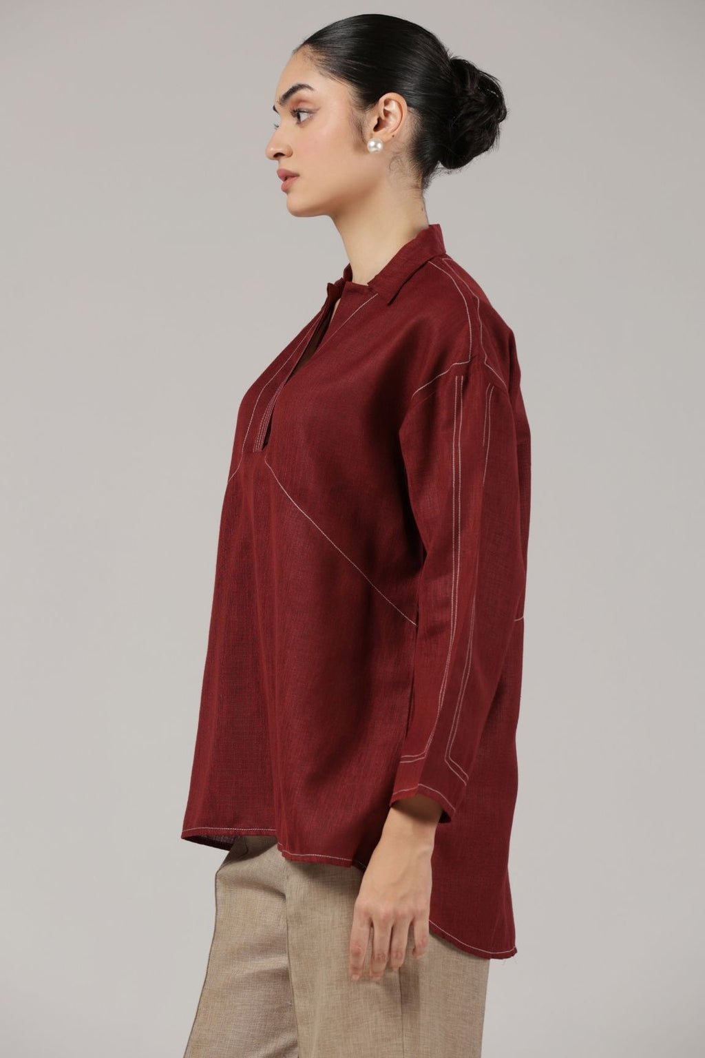 Maroon Contrast Stitch Relaxed Cotton Top