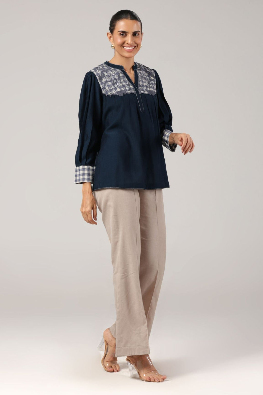 Navy Embroidered Cotton Linen V-Neck Top