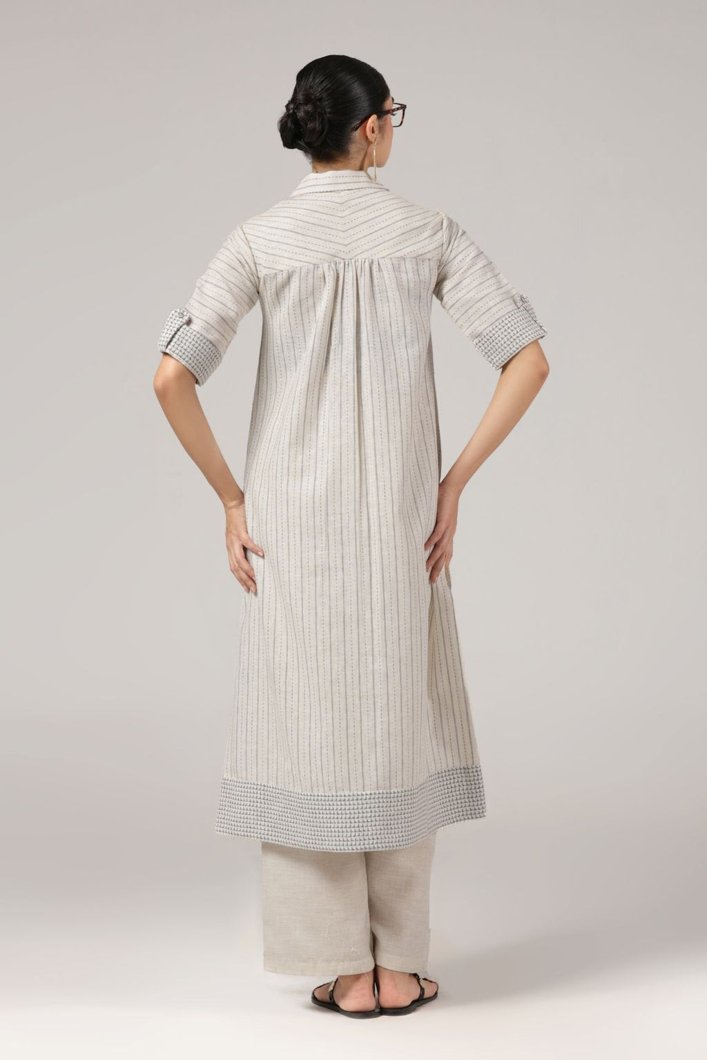 Beige Striped Embroidered Linen Kurta Set