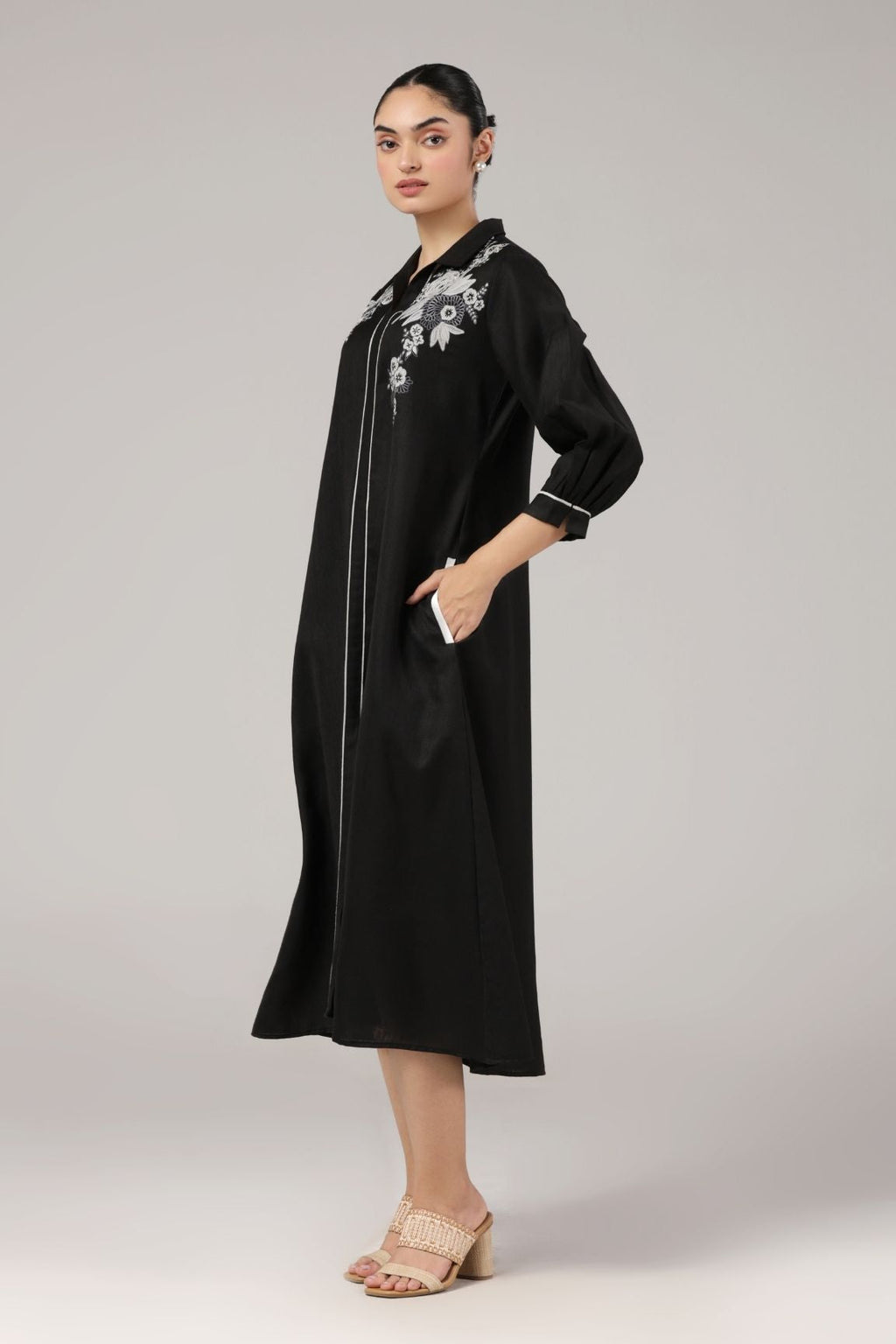 Black Embroidered Cotton Midi Dress