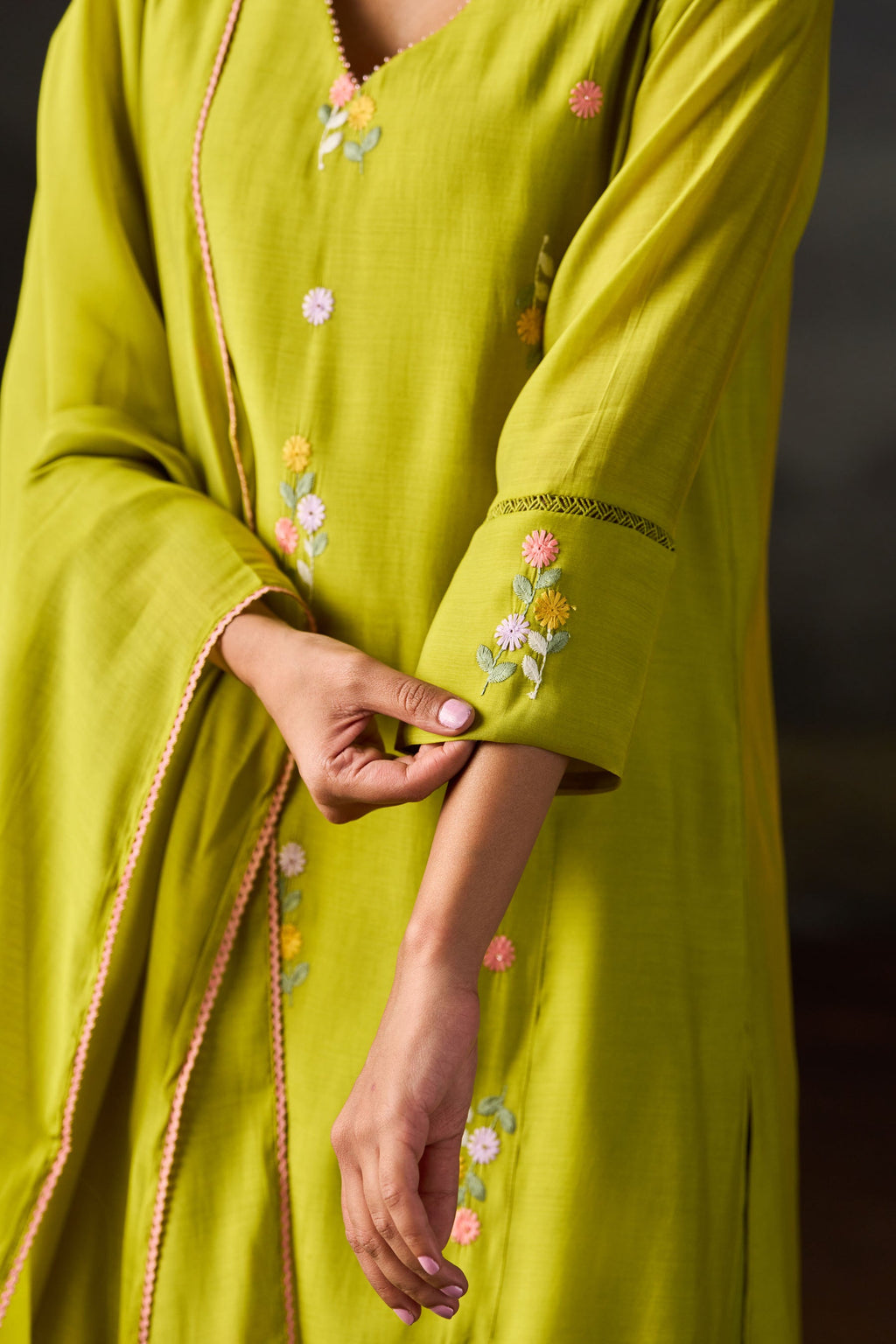 Lime Green Floral Embroidered Kurta Set