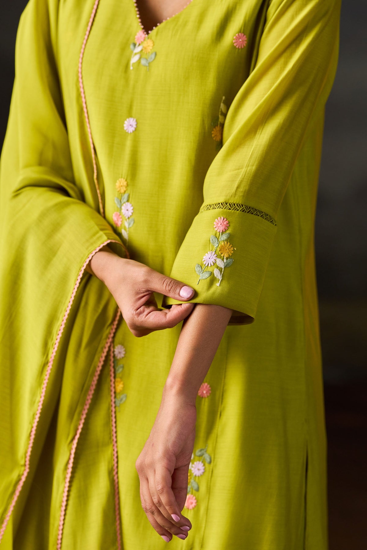 Lime Green Floral Embroidered Kurta Set