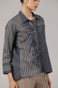 Denim Blue Striped Embroidered Cotton Shirt