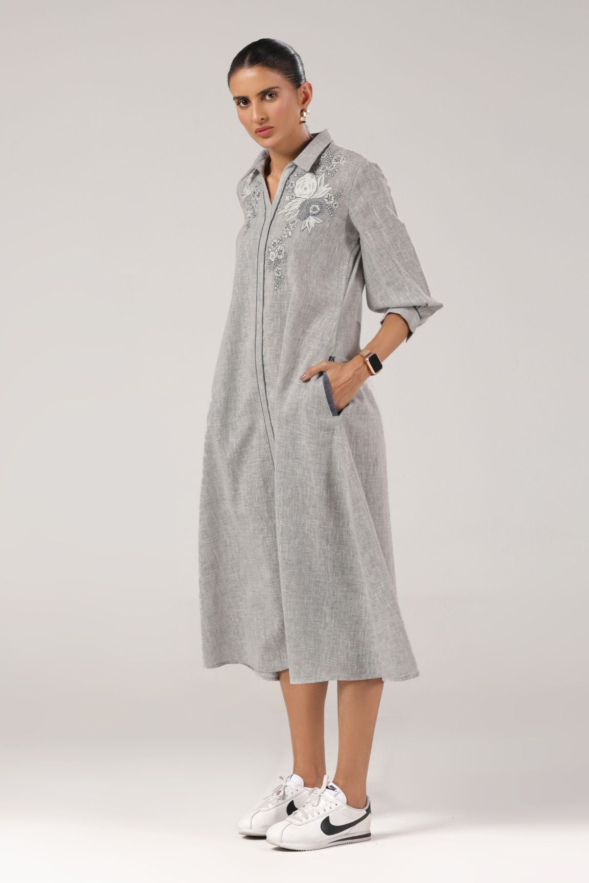 Grey Embroidered Cotton Midi Dress