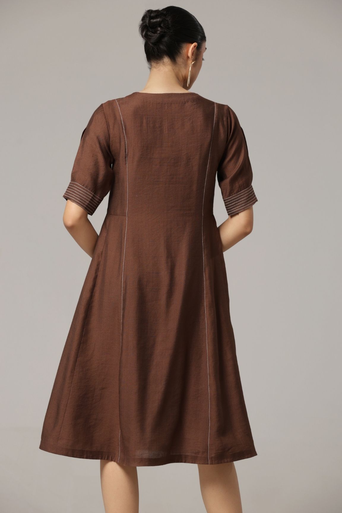 Cocoa Brown Embroidered Cotton Satin A-Line Dress