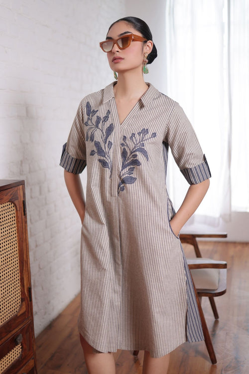 Beige & Blue Striped Embroidered Shirt Dress