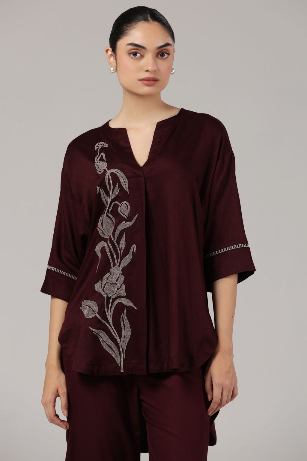 Maroon Floral Embroidered Cotton Satin Co-ord Set