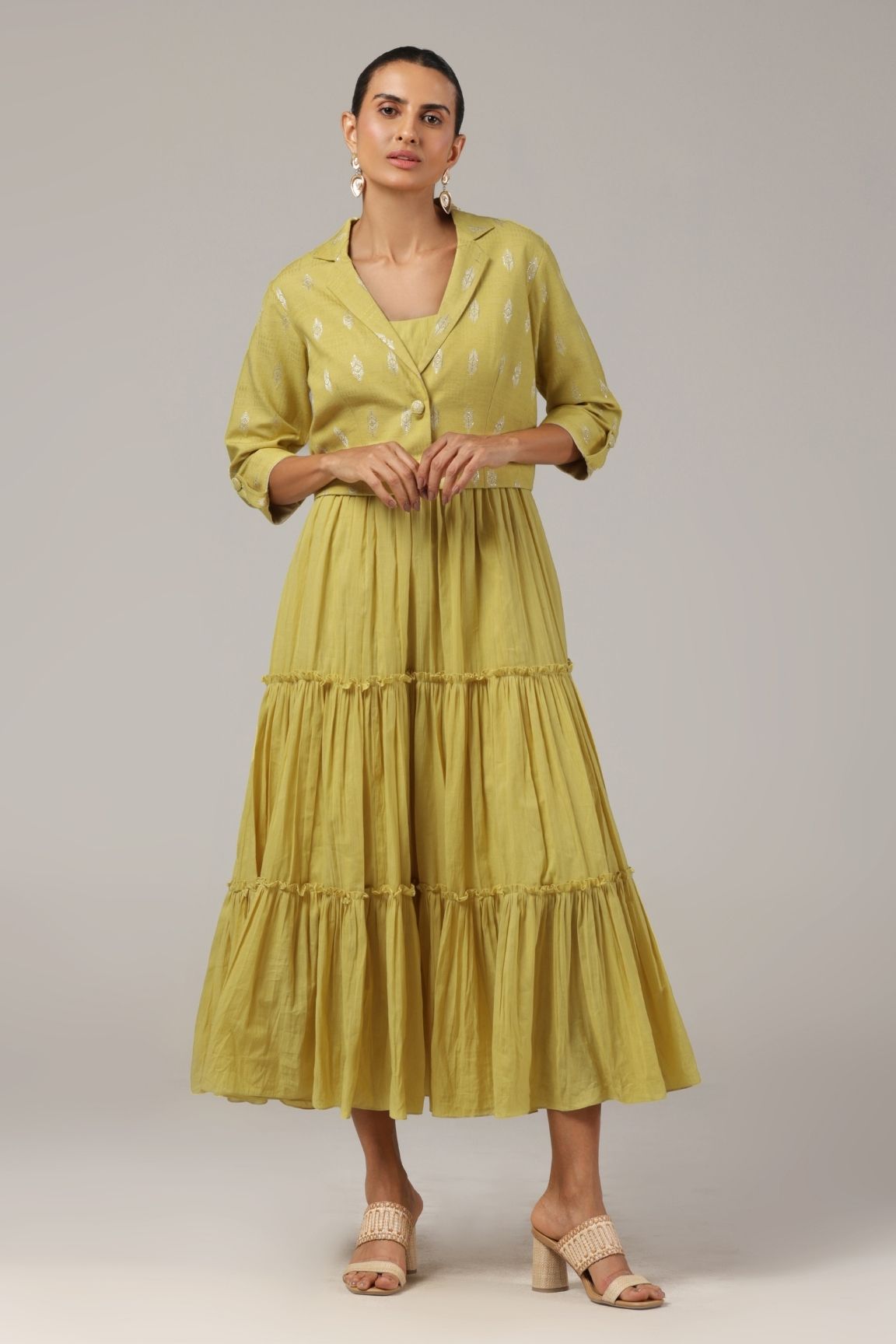 Mustard Cotton-Lurex Blazer & Tiered Dress Set