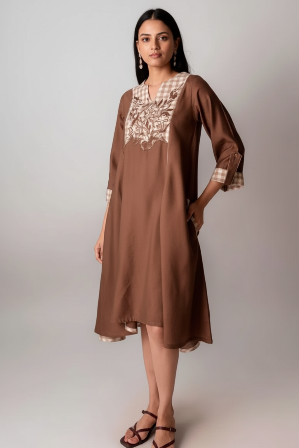 Brown Checkered Floral Embroidered Cotton Dress