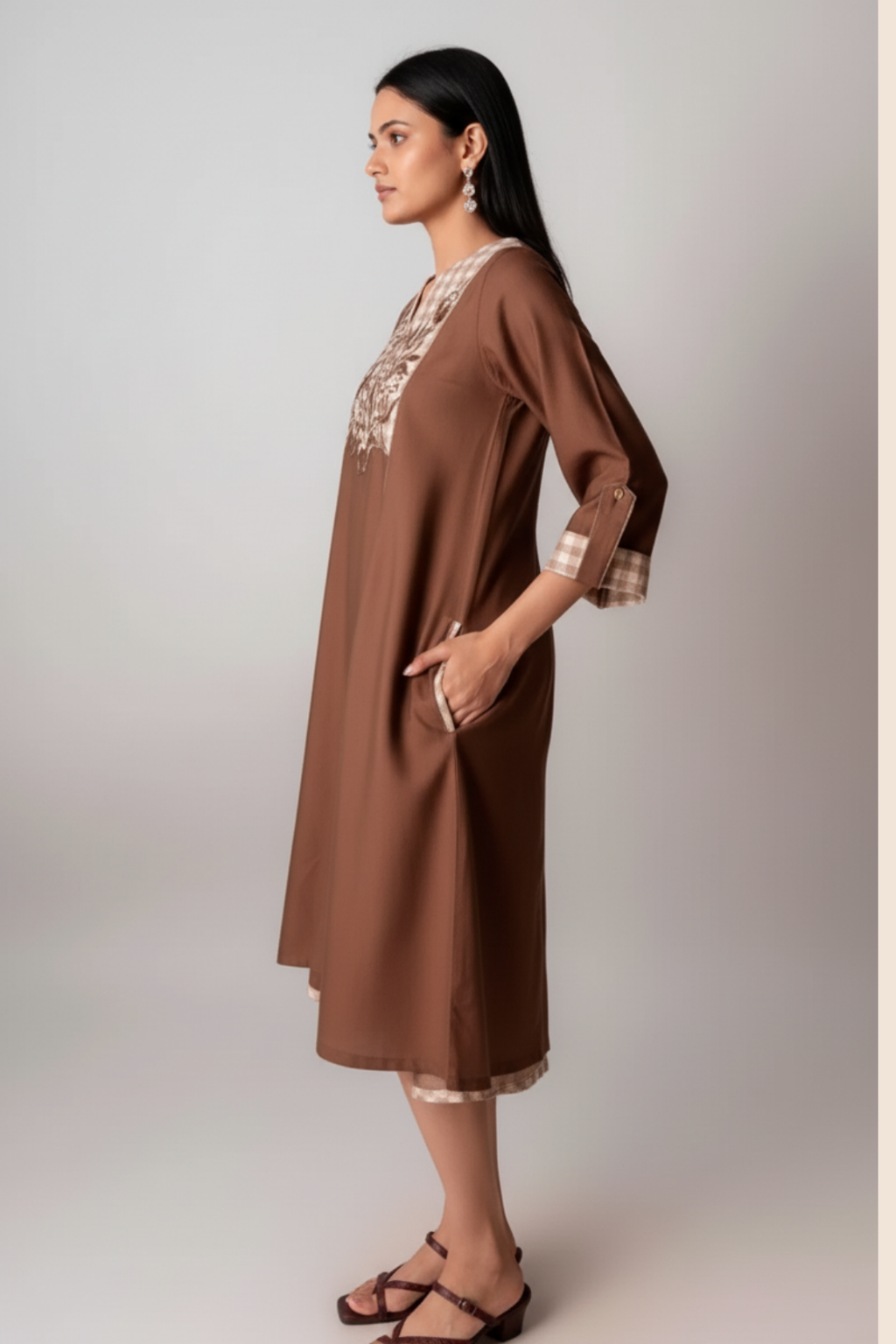 Brown Checkered Floral Embroidered Cotton Dress