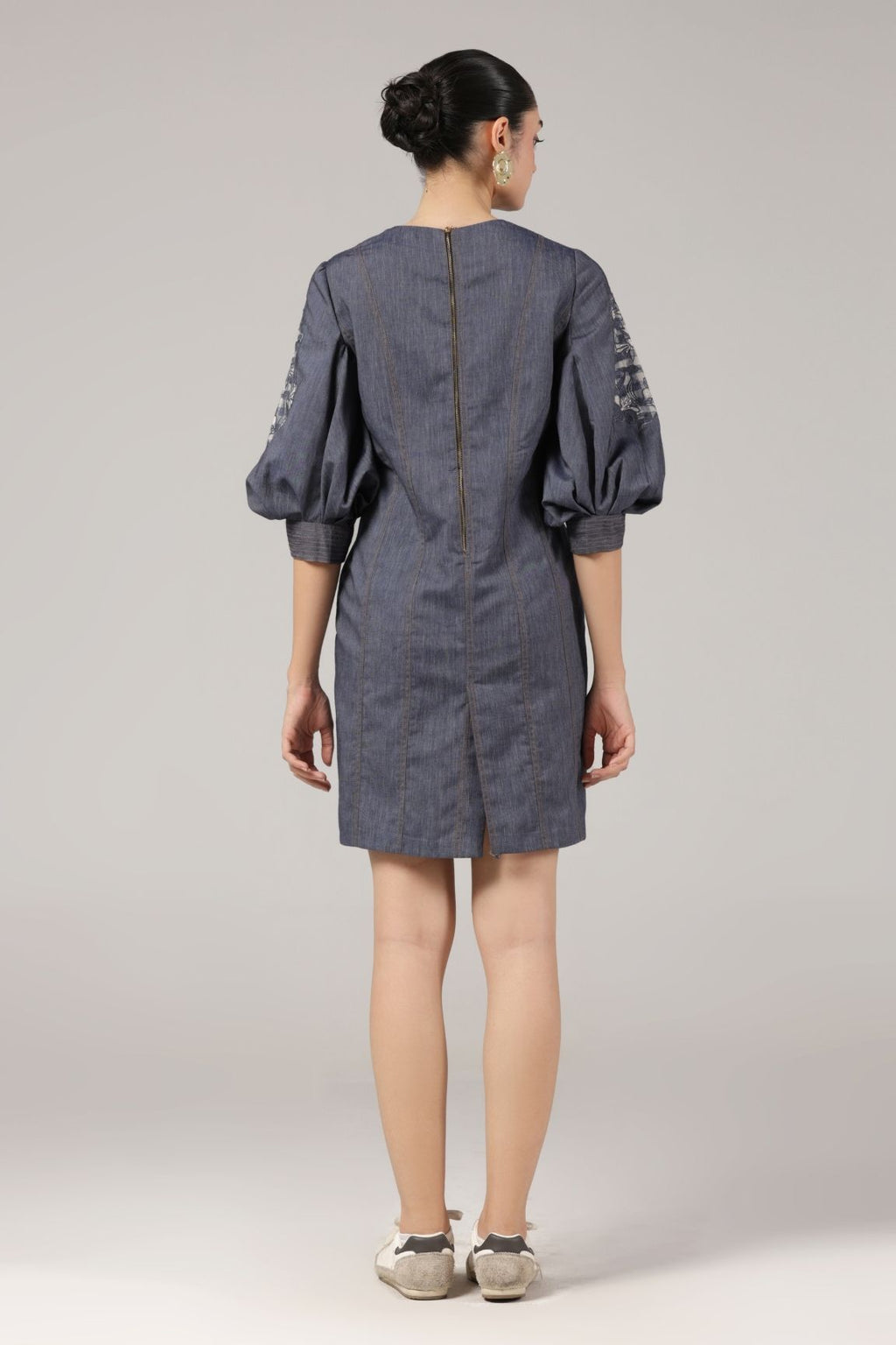 Denim Blue Embroidered Puff Sleeve Short Dress