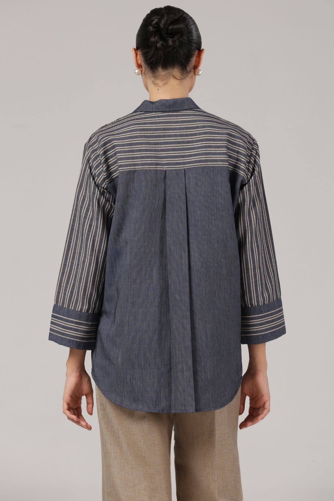 Denim Blue Striped Embroidered Cotton Shirt