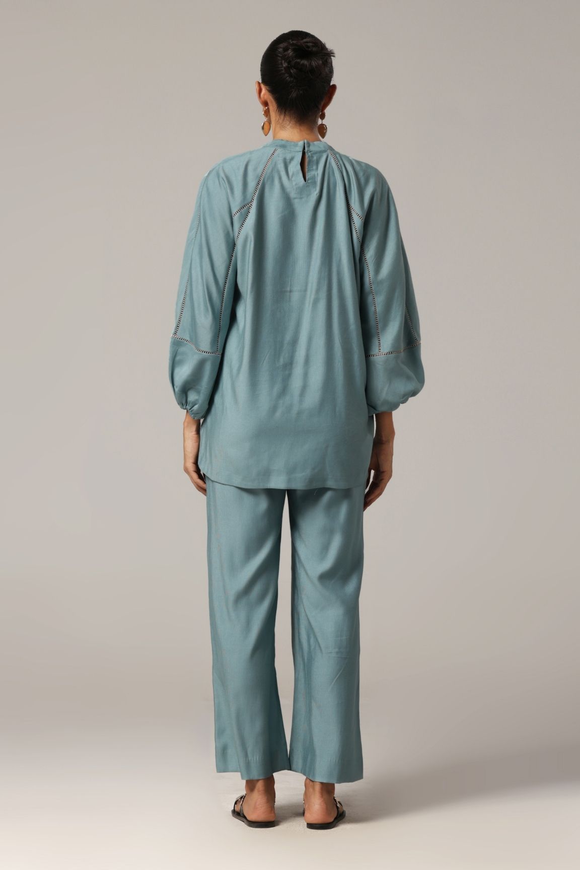 Teal Blue Pleated Floral Embroidered Co-ord Set