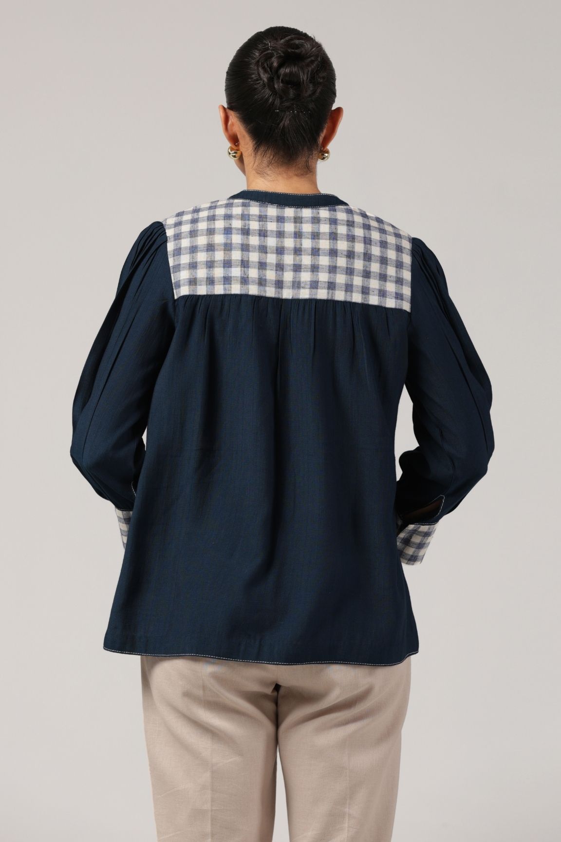 Navy Embroidered Cotton Linen V-Neck Top