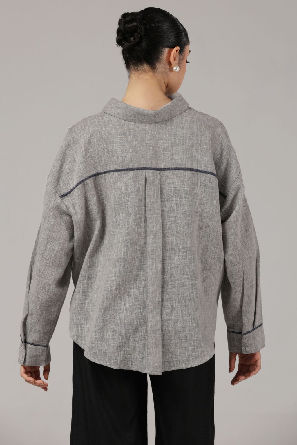 Grey Floral Embroidered Linen Shirt