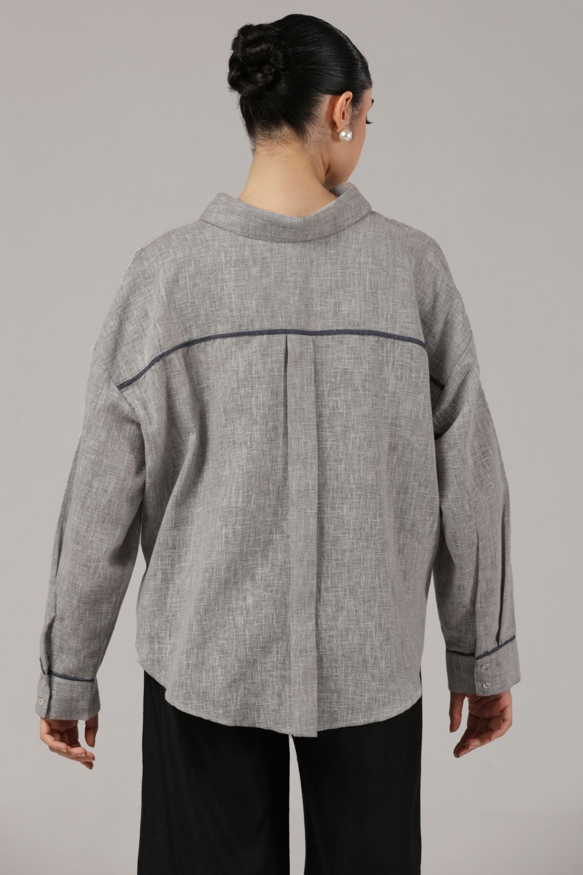 Grey Floral Embroidered Linen Shirt