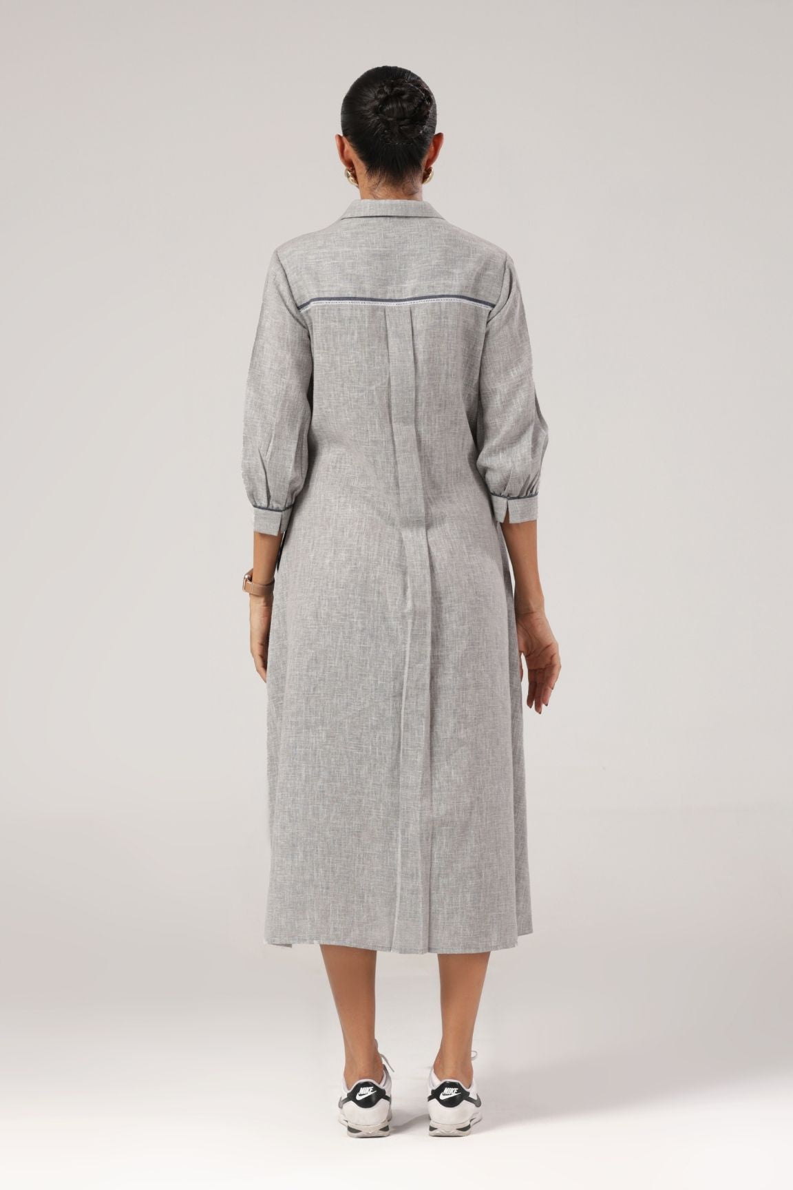 Grey Embroidered Cotton Midi Dress