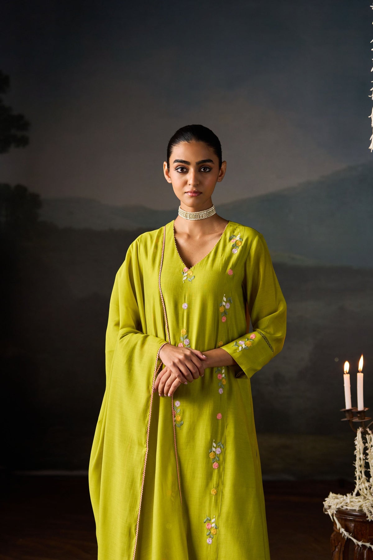 Lime Green Floral Embroidered Kurta Set