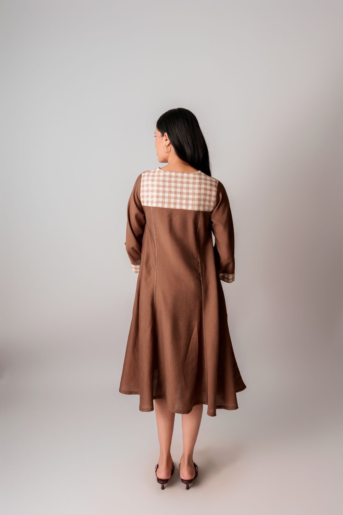 Brown Checkered Floral Embroidered Cotton Dress