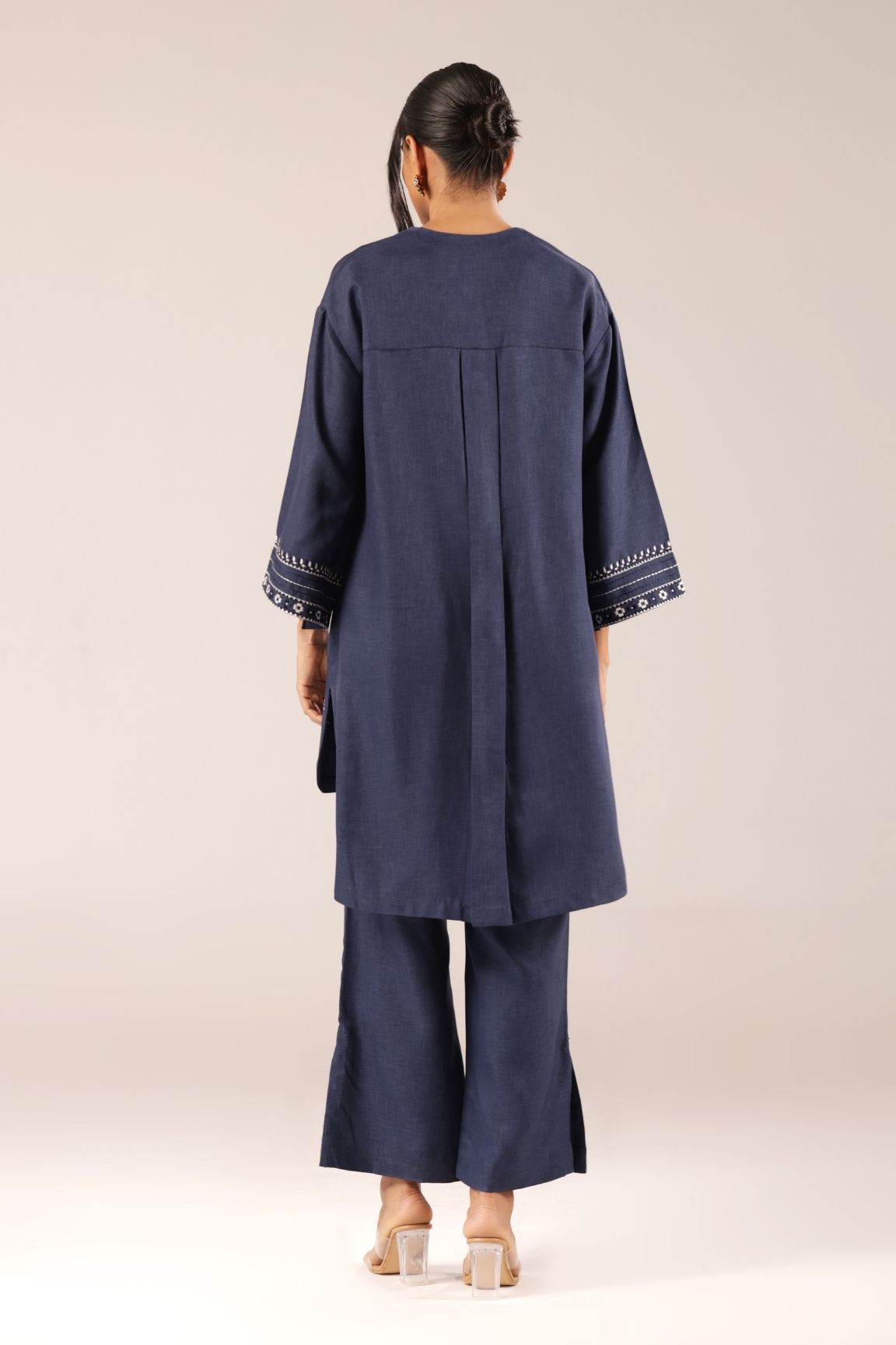 Denim Blue Embroidered Straight Kurta with Palazzos