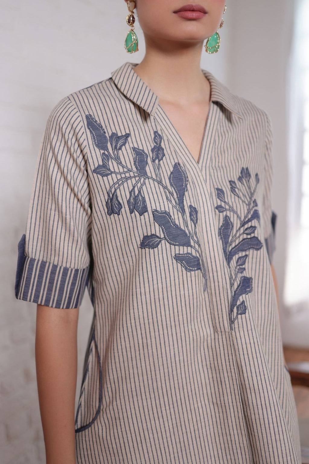 Beige & Blue Striped Embroidered Shirt Dress