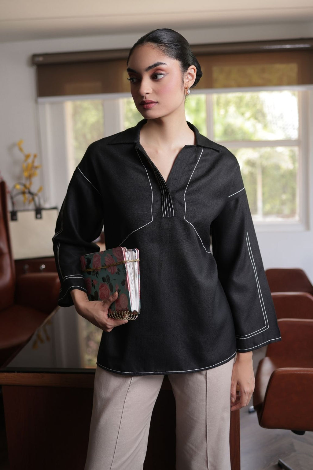 Black Contrast Stitch Cotton Linen Blend Top