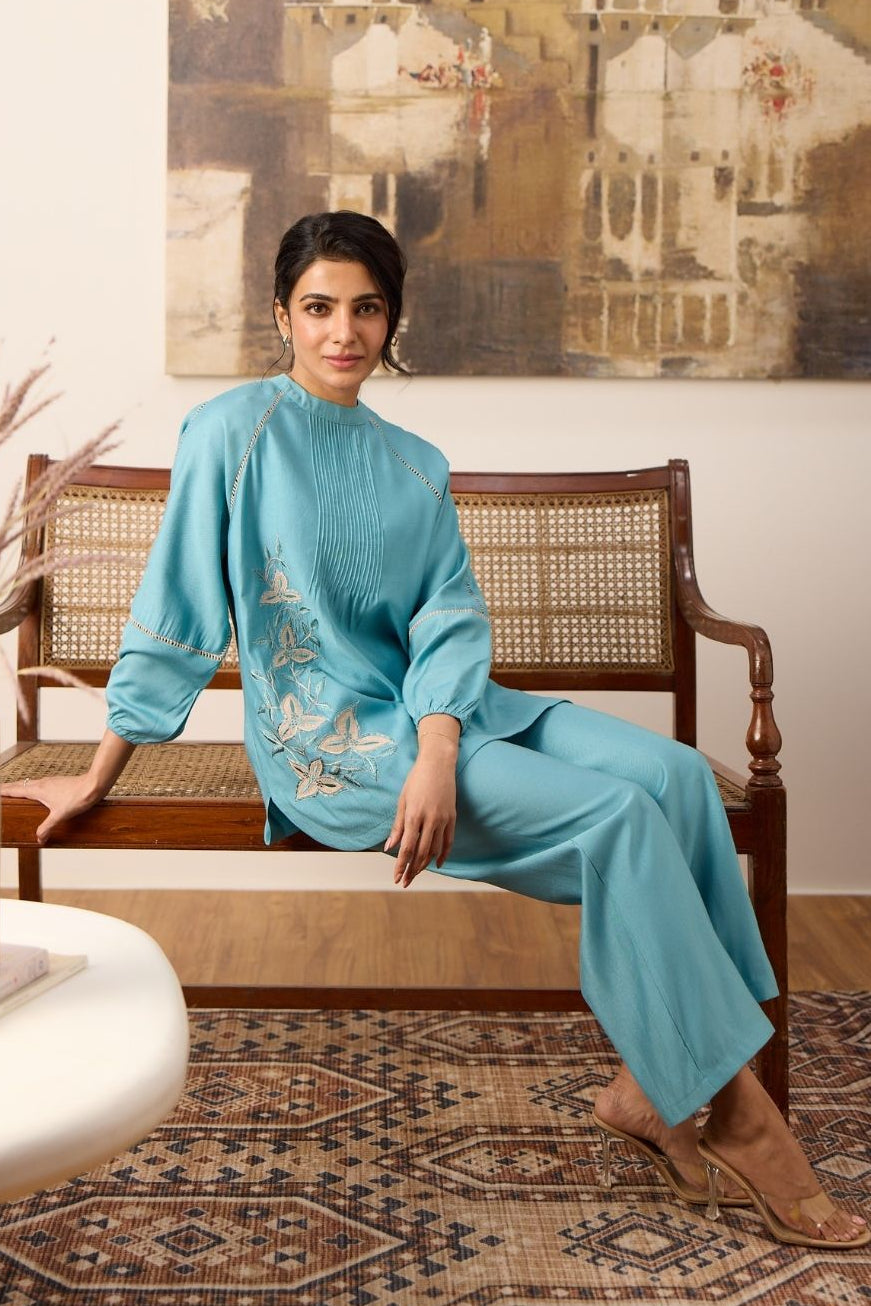Teal Blue Pleated Floral Embroidered Co-ord Set