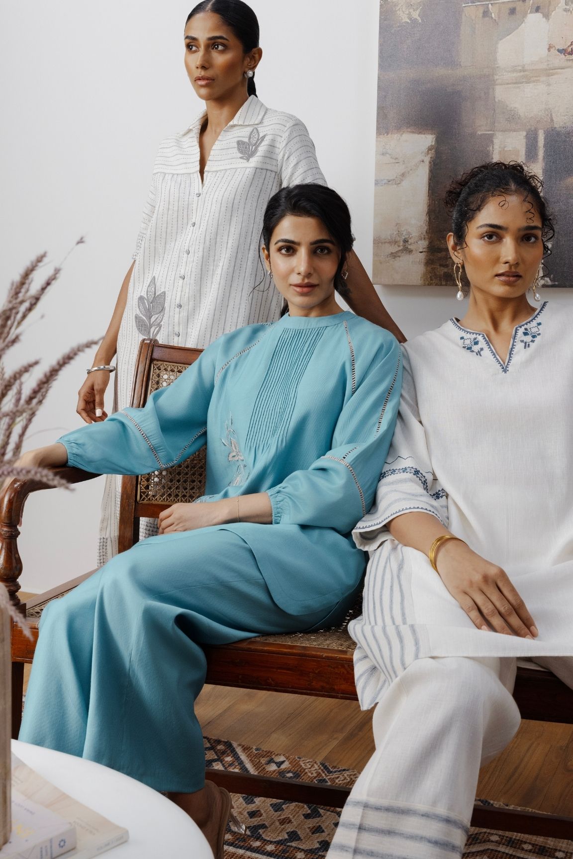 Teal Blue Pleated Floral Embroidered Co-ord Set
