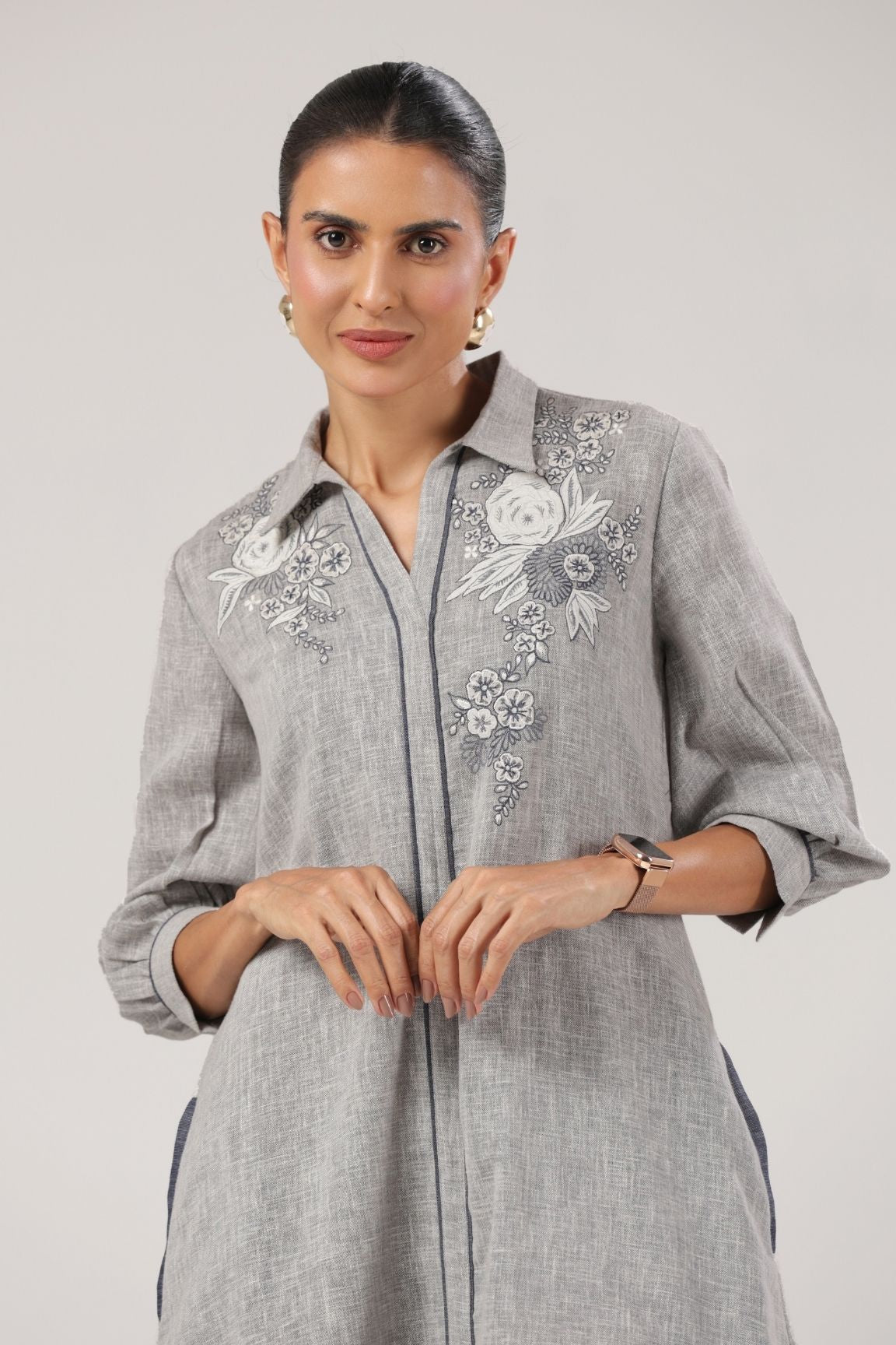 Grey Embroidered Cotton Midi Dress