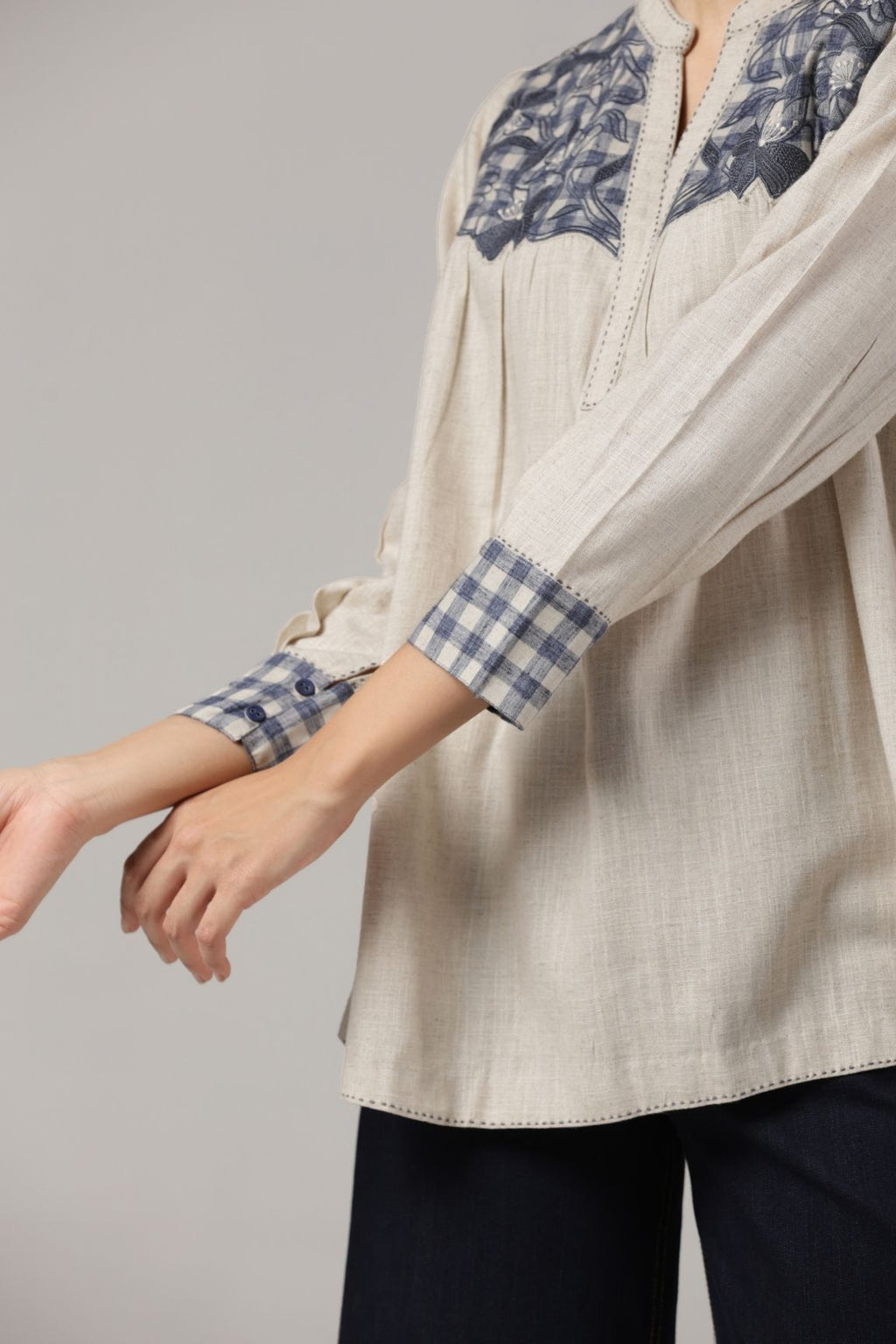 Off-White Embroidered Yoke Soft Cotton Top