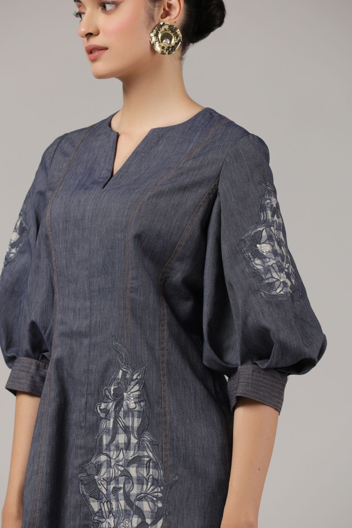 Denim Blue Embroidered Puff Sleeve Short Dress