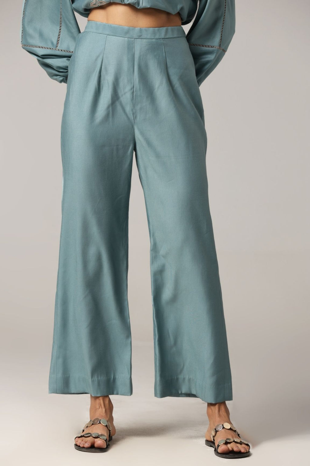 Teal Blue Pleated Floral Embroidered Co-ord Set