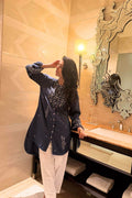 Denim Blue Embroidered Straight Kurta with Palazzos