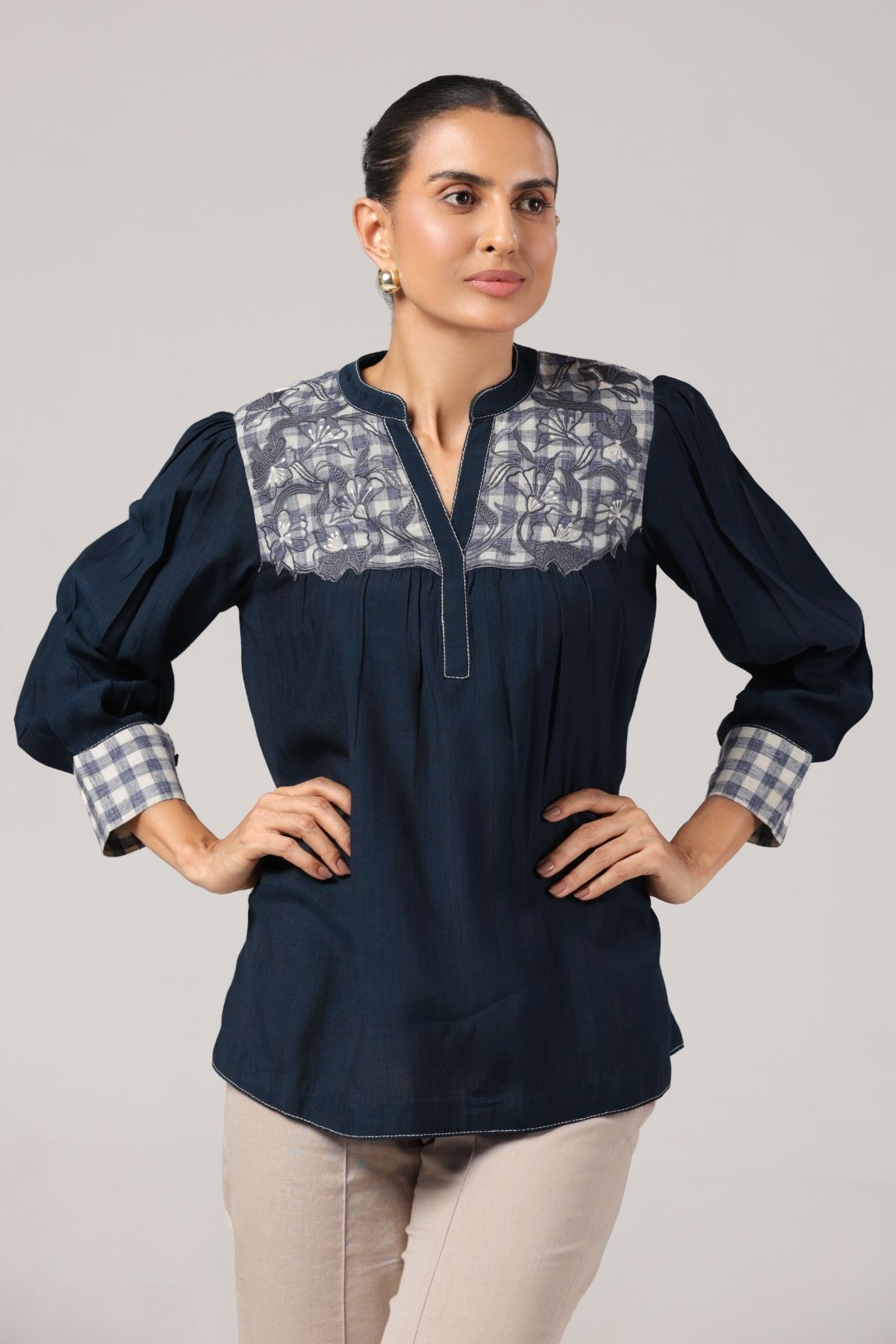 Navy Embroidered Cotton Linen V-Neck Top