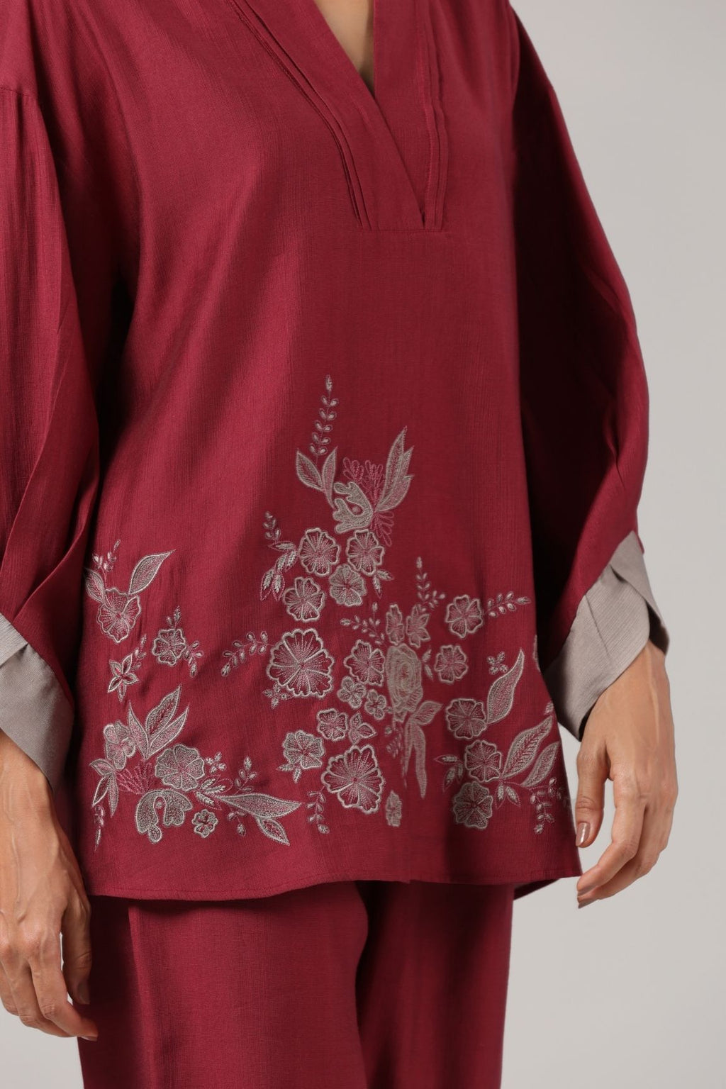 Wine Floral Embroidered Relaxed Co-ord Set