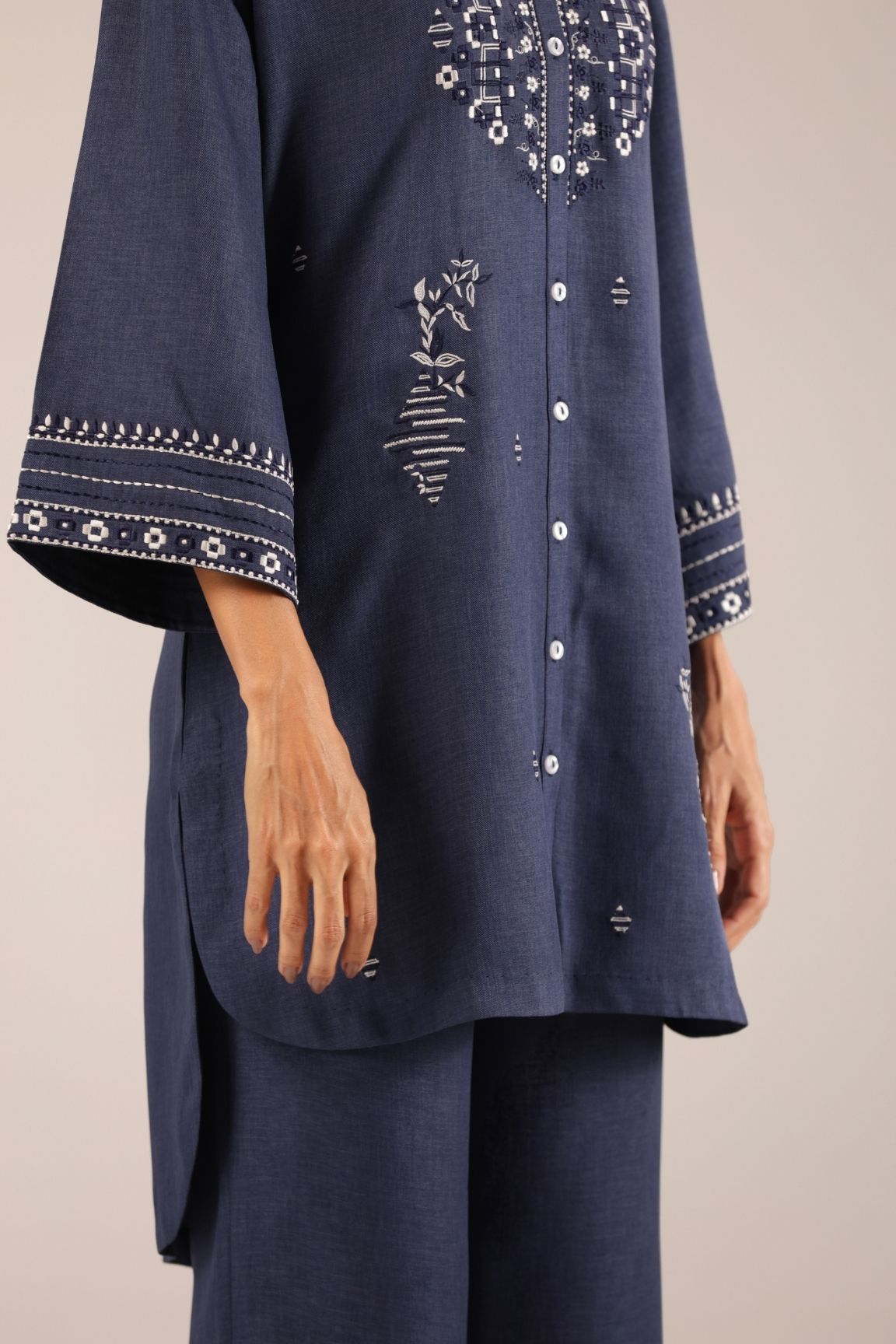 Denim Blue Embroidered Straight Kurta with Palazzos