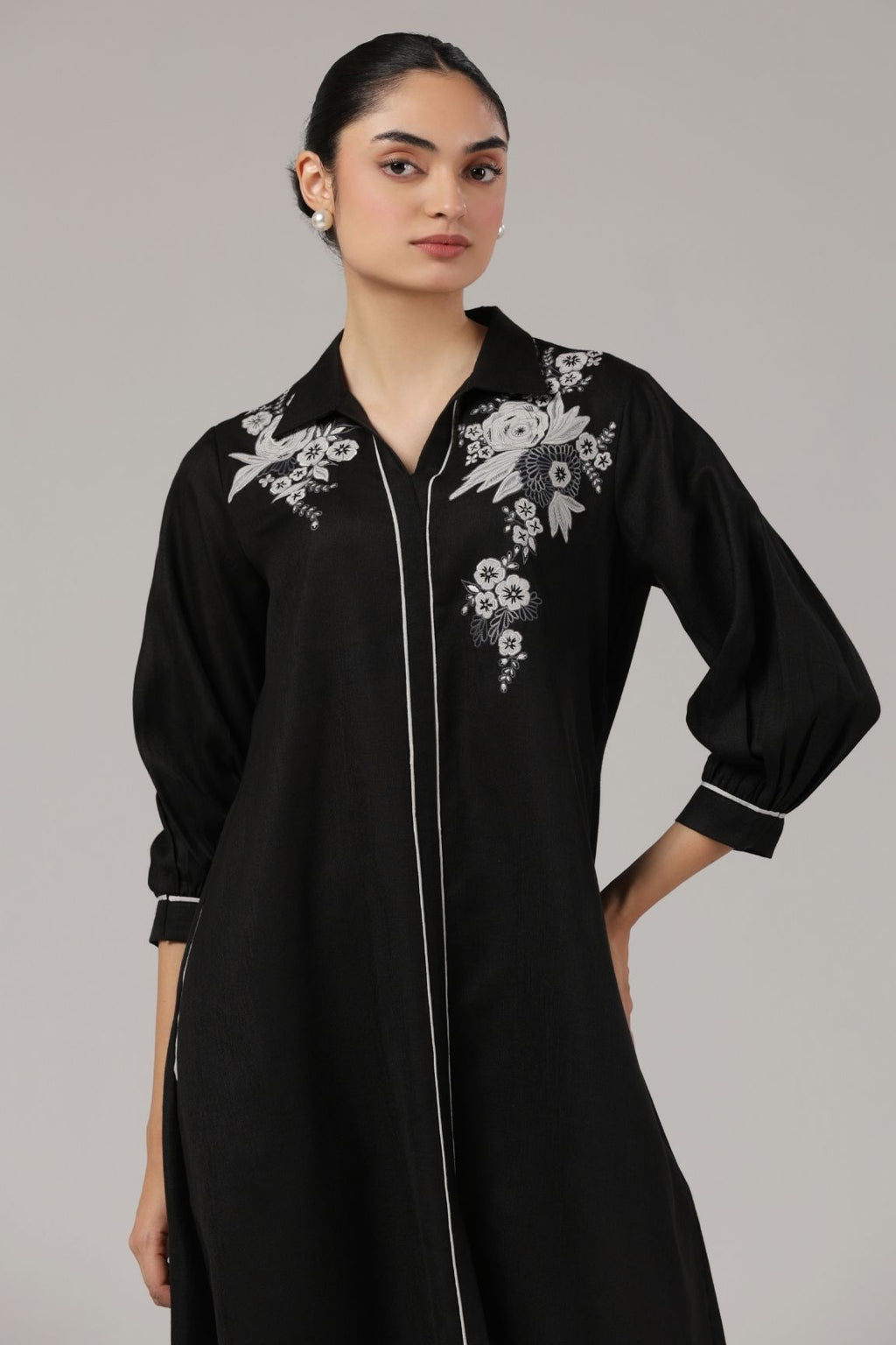 Black Embroidered Cotton Midi Dress