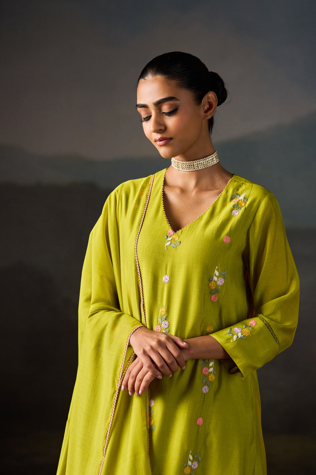 Lime Green Floral Embroidered Kurta Set