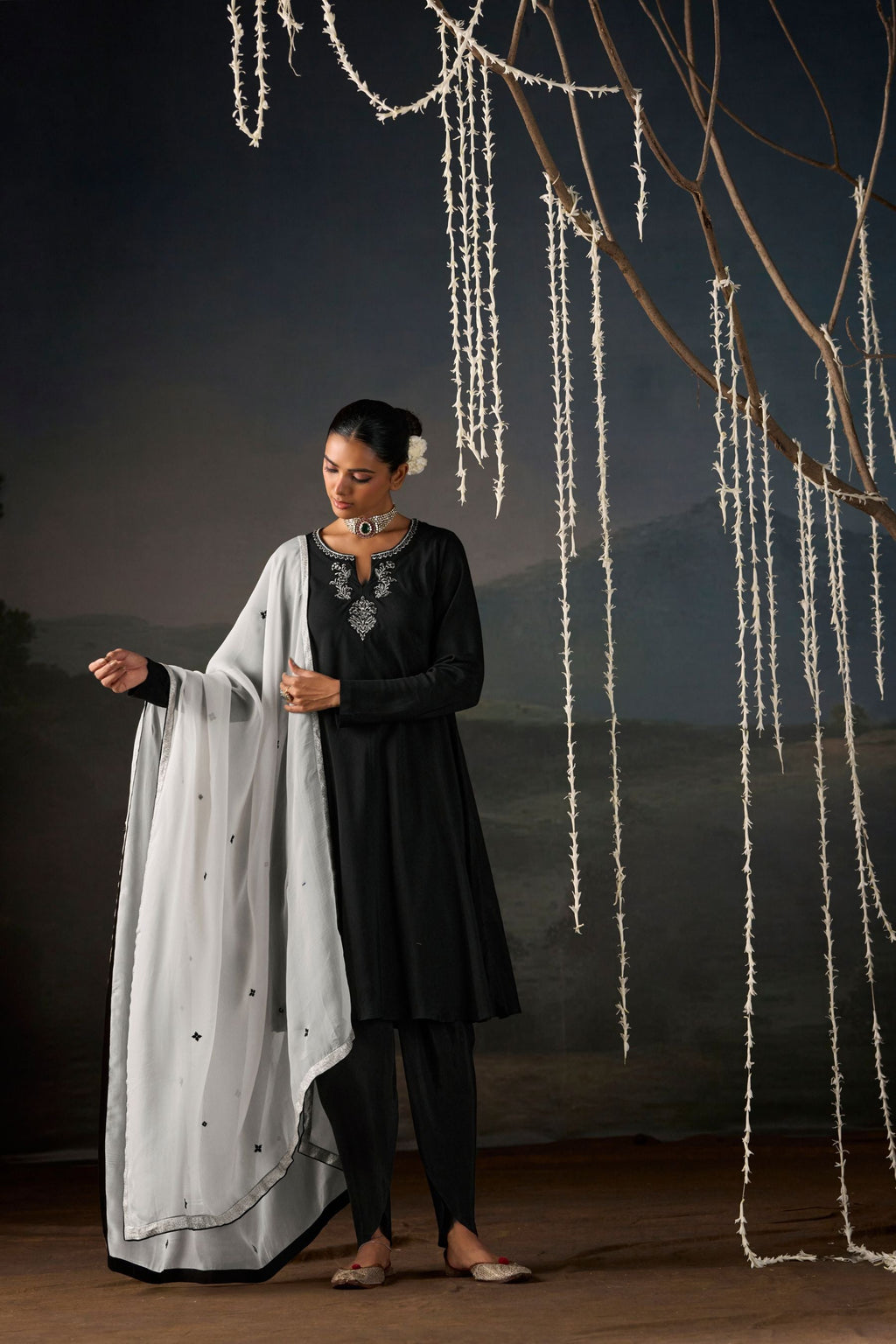 Moonlit Noir Anarkali Suit Set with Dupatta
