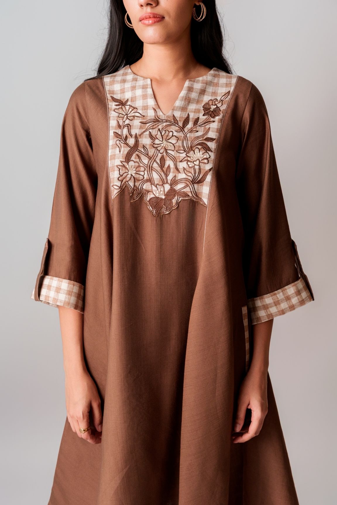 Brown Checkered Floral Embroidered Cotton Dress