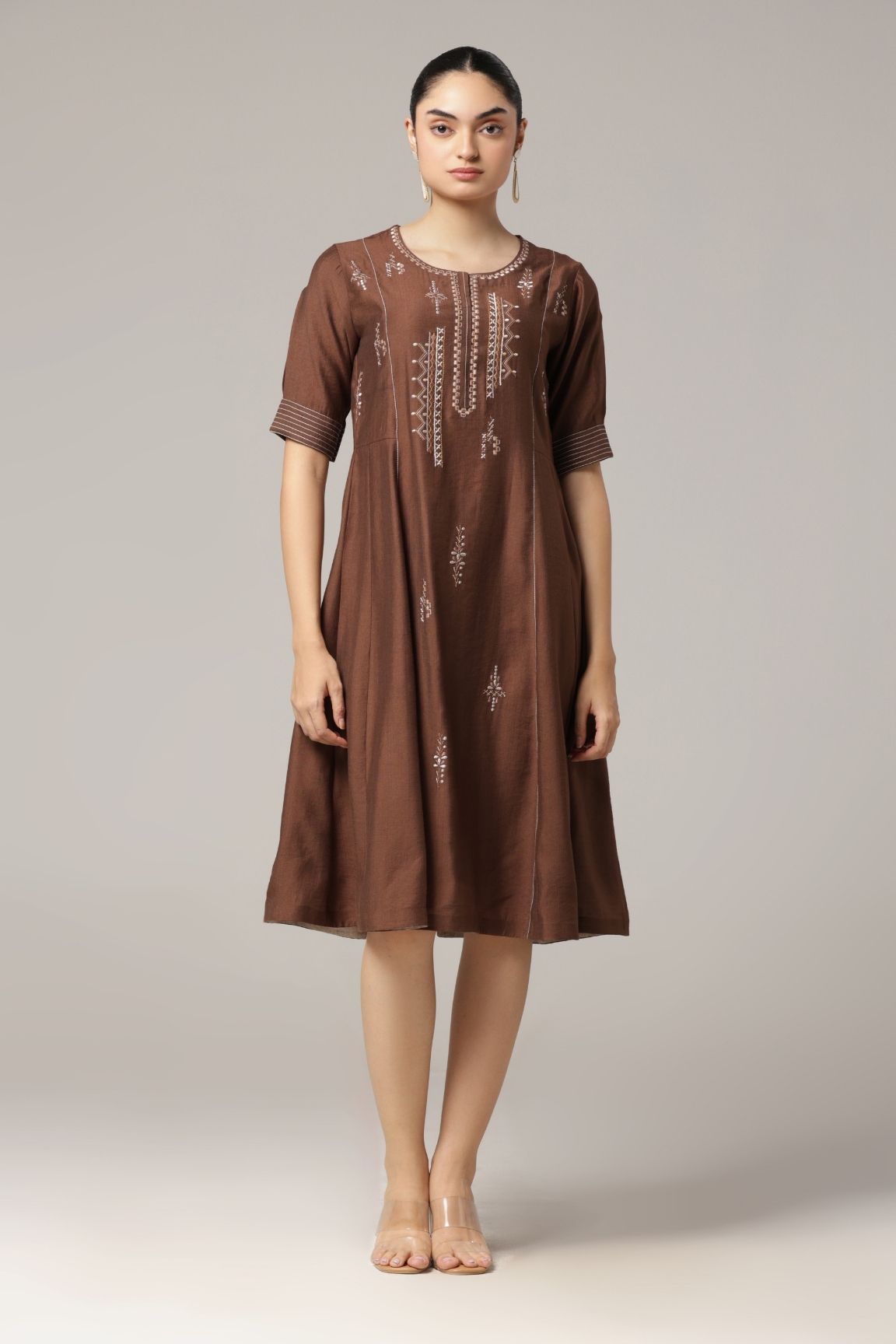 Cocoa Brown Embroidered Cotton Satin A-Line Dress