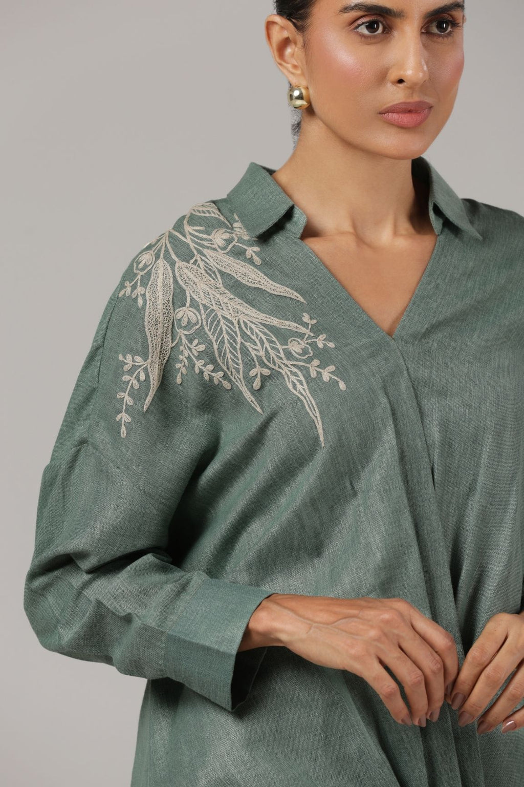 Sage Green Embroidered Collared Relaxed Shirt