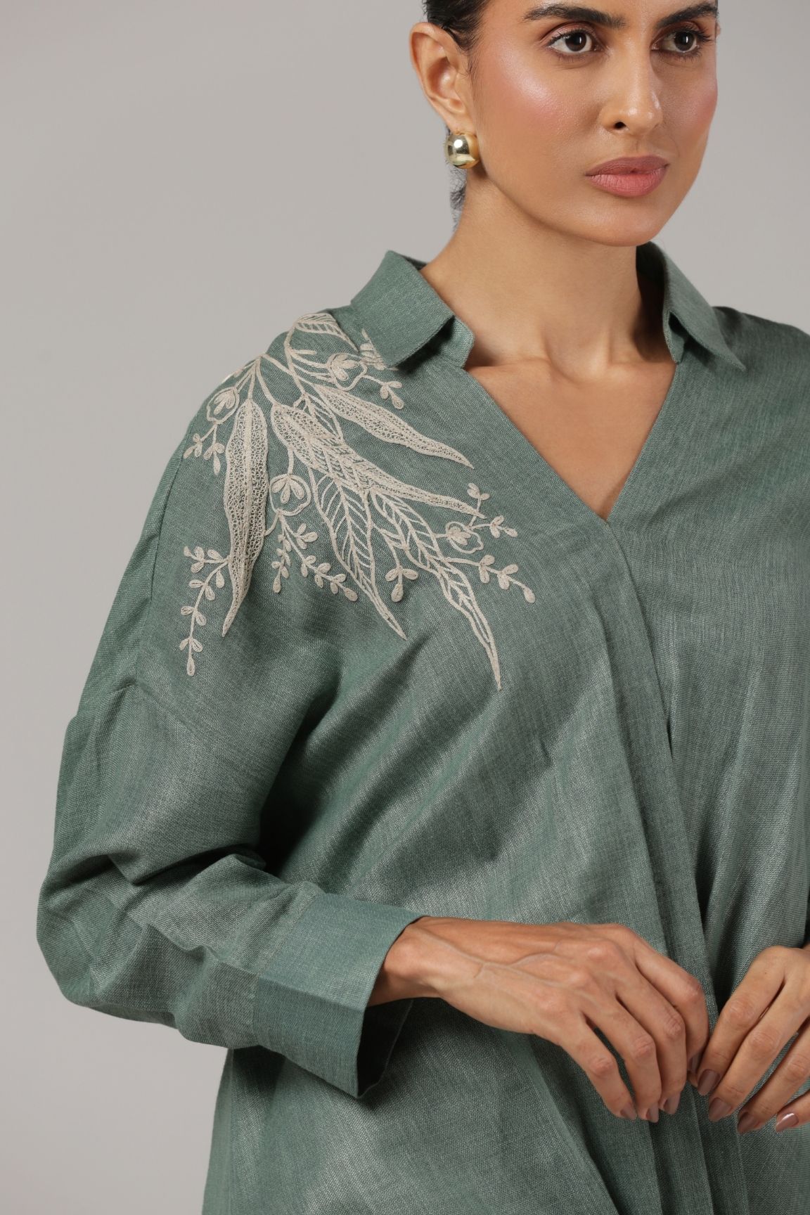 Sage Green Embroidered Collared Relaxed Shirt
