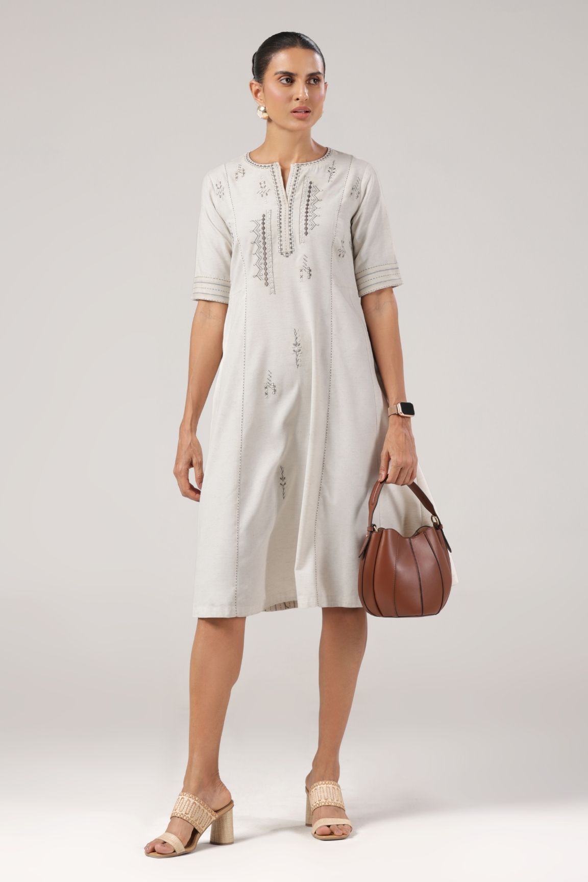 Off-White Embroidered A-Line Cotton Dress