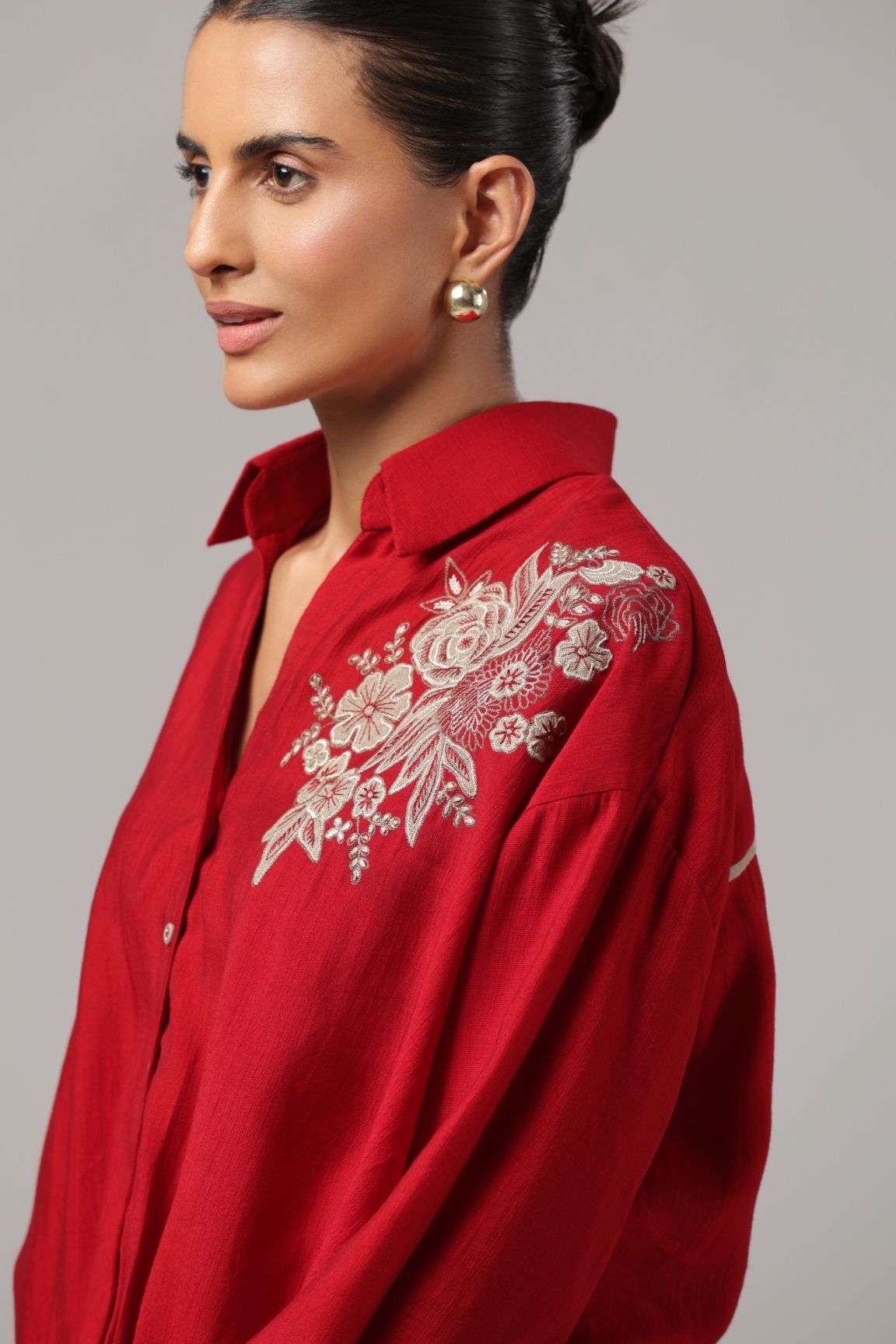 Red Floral Embroidered Button-Down Shirt