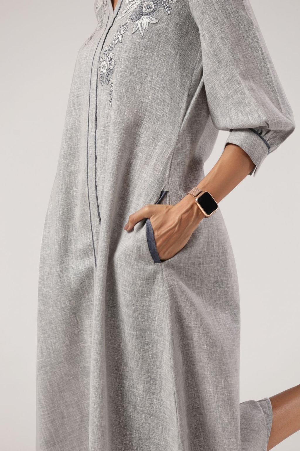 Grey Embroidered Cotton Midi Dress