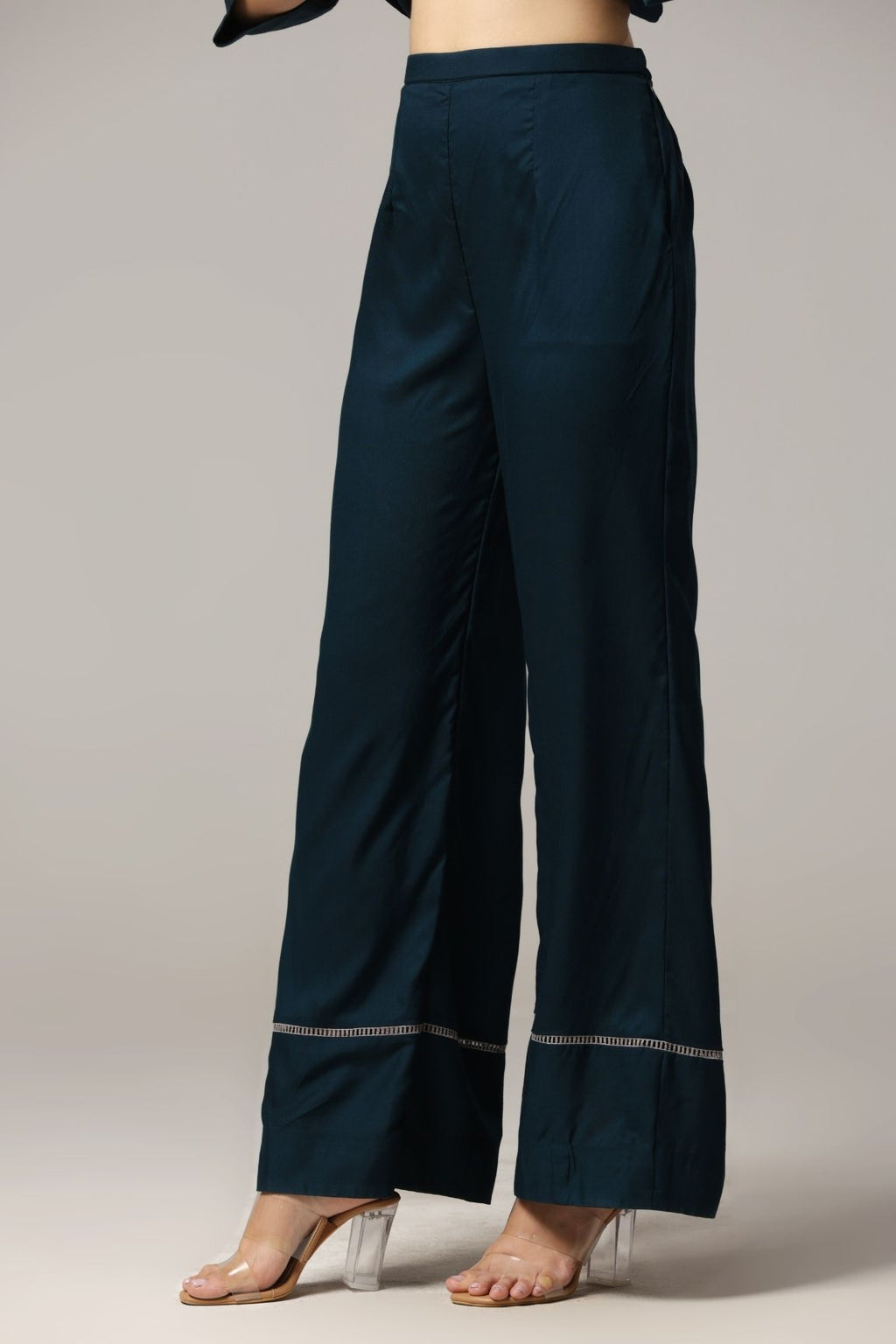 Teal Blue Floral Embroidered Cotton Satin Coord Set
