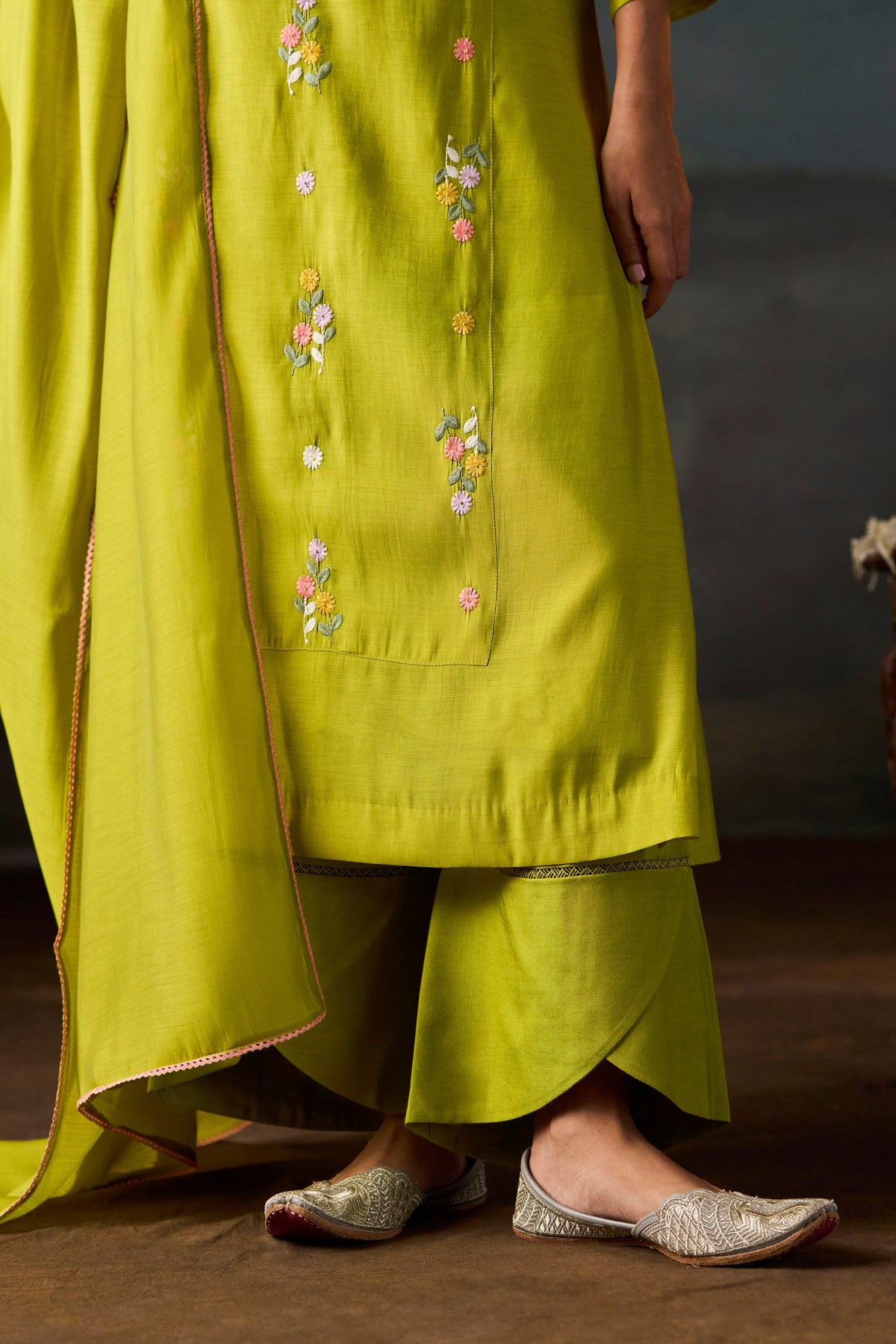 Lime Green Floral Embroidered Kurta Set