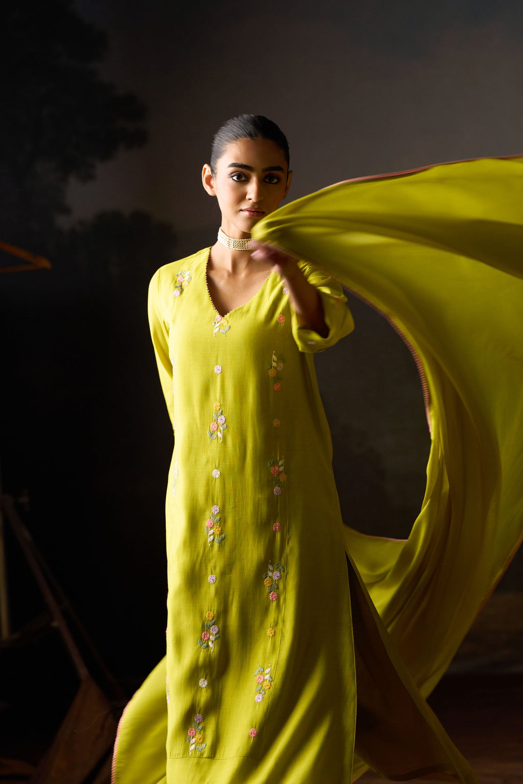 Lime Green Floral Embroidered Kurta Set